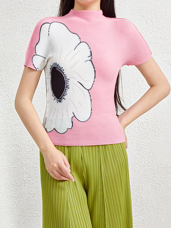 Flower Print Pleated Short Sleeves Mock Neck T-Shirts Tops