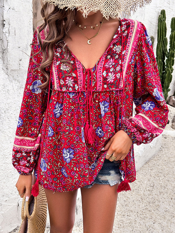Contrast Color Elasticity Pleated Split-Joint Tied Long Sleeves Loose V-neck Blouses&shirts Tops