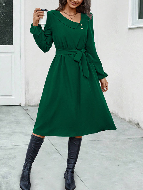 Buttoned Solid Color Tied Waist A-Line Long Sleeves Asymmetric Collar Midi Dresses