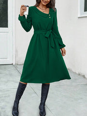 Buttoned Solid Color Tied Waist A-Line Long Sleeves Asymmetric Collar Midi Dresses