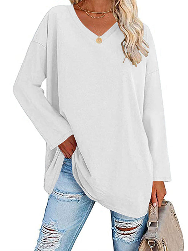 See-Through Solid Color Split-Joint Long Sleeves Loose V-neck T-shirts