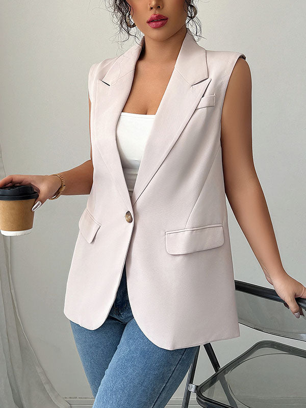 Buttoned Pockets Loose Sleeveless Notched Collar Vest Top Blazer