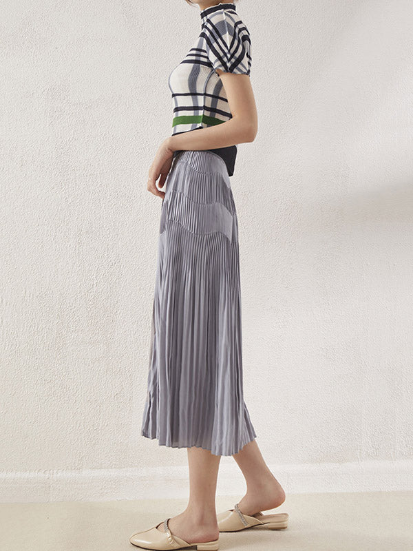 Contrast Color Pleated Short Sleeves Mock Neck T-Shirts Tops
