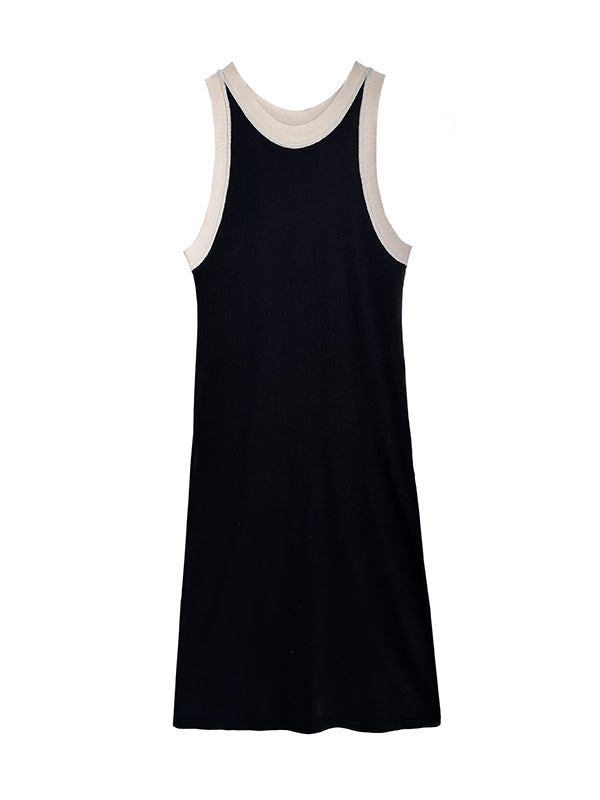 Contrast Color Loose Sleeveless Round-Neck Midi Dresses