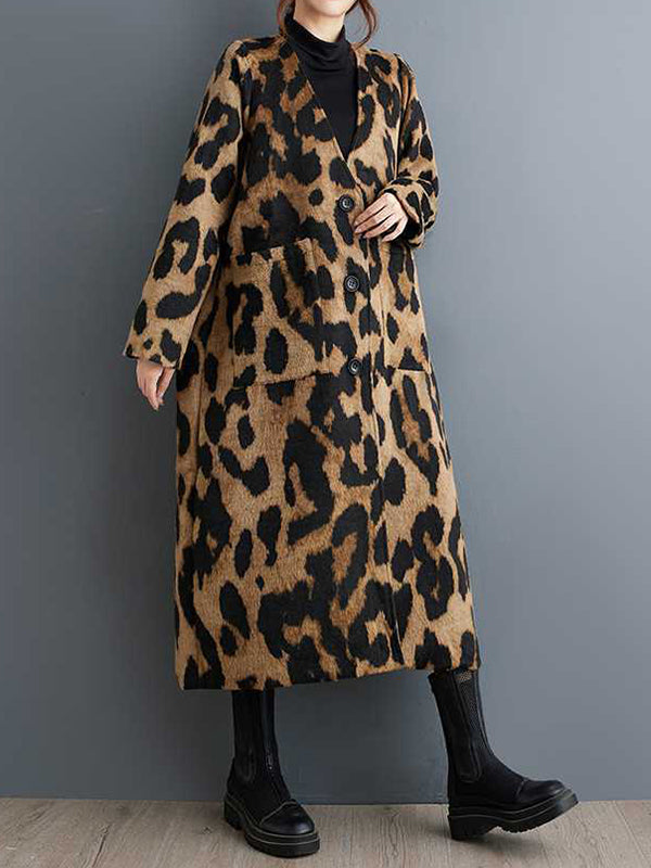 Buttoned Leopard Pockets Split-Joint Long Sleeves Loose V-Neck Trench Coats Outerwear
