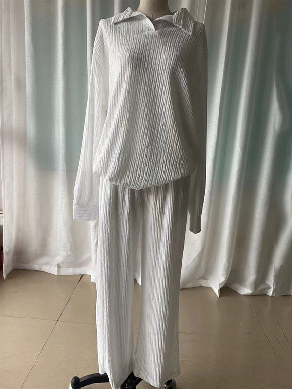 Lapel Pleated Solid Color High-Low Long Sleeves Split-Side Shirts Top + Pants Bottom Two Pieces Set