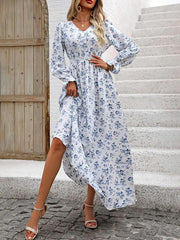 Elasticity Floral Printed Long Sleeves Loose V-neck Maxi Dresses