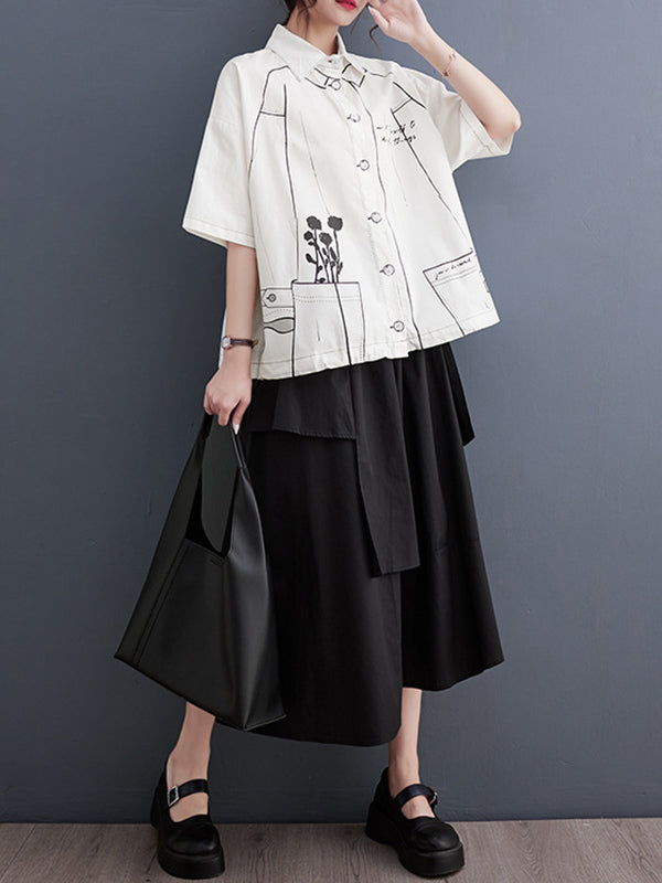 Contrast Color Printed Split-Joint Loose Short Sleeves Lapel Blouses