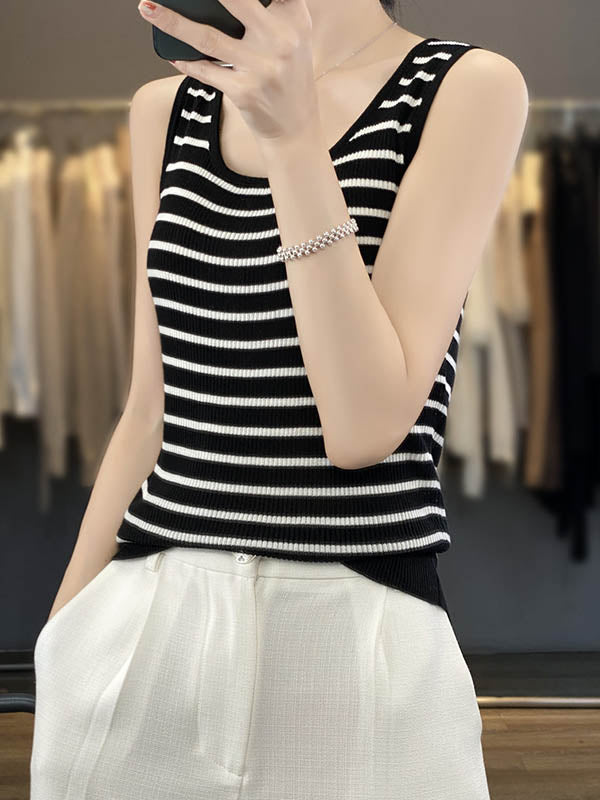 Contrast Color Striped Loose Sleeveless U-Neck Vest Top