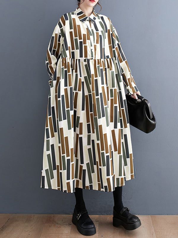 Casual Loose Long Sleeves Buttoned Contrast Color Printed Split-Joint Lapel Collar Midi Dresses