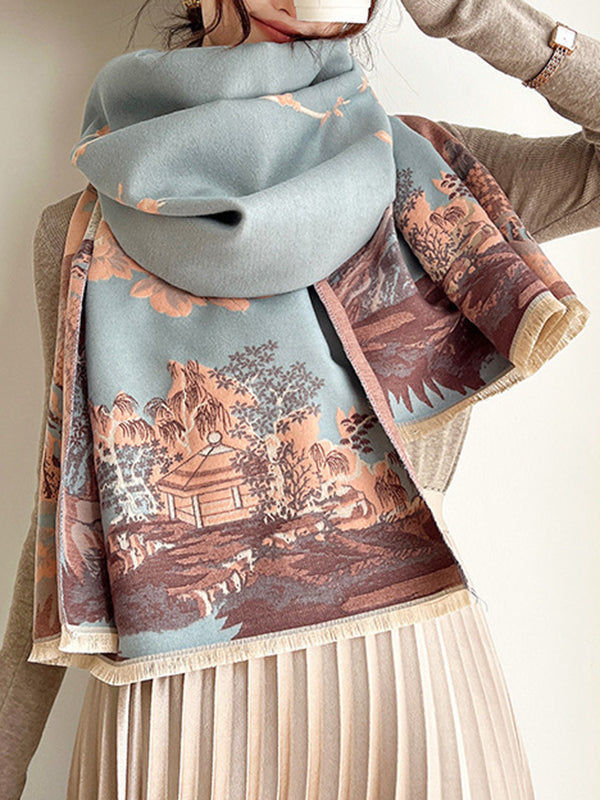 Floral Printed Tasseled Shawl&Scarf