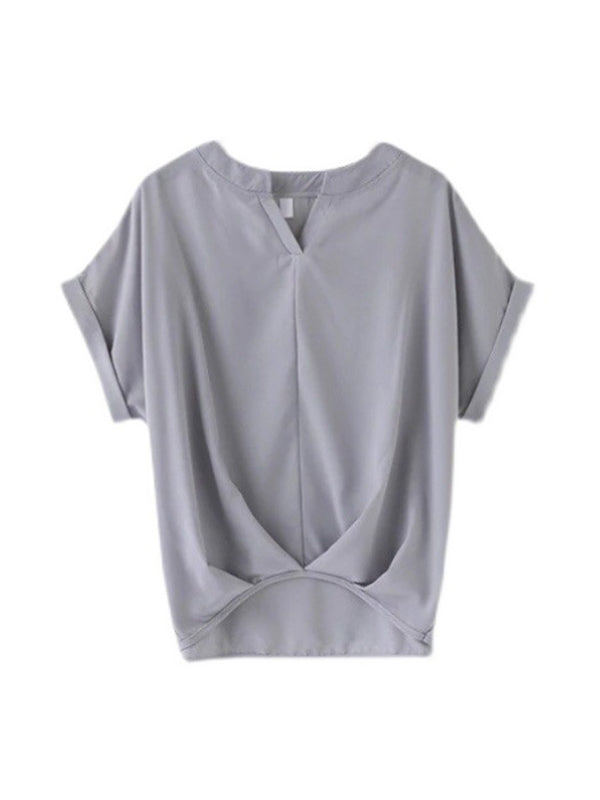 Pleated Solid Color Split-Joint Batwing Sleeves Loose Round-Neck Blouses&Shirts Tops