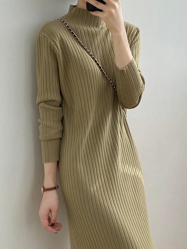 Fringed Solid Color Long Sleeves Loose Mock Neck Sweater Dresses Midi Dresses