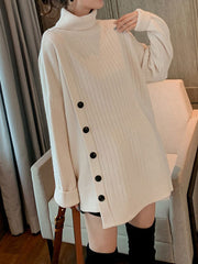 Asymmetric Buttoned High-low Long Sleeves High-neck Sweater Tops Pullovers Knitwear