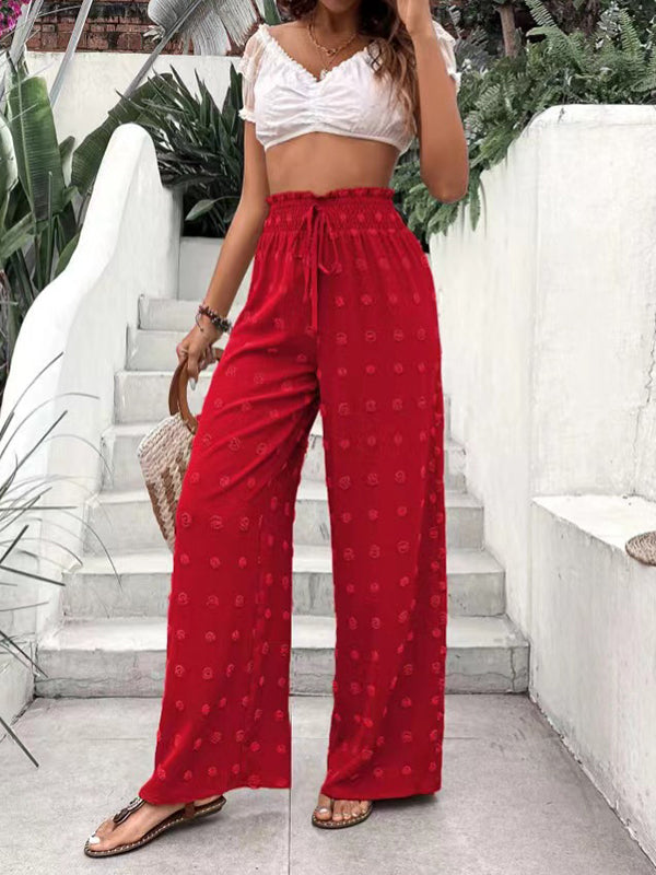 Drawstring Elasticity Jacquard Solid Color High Waisted Loose Trousers Pants