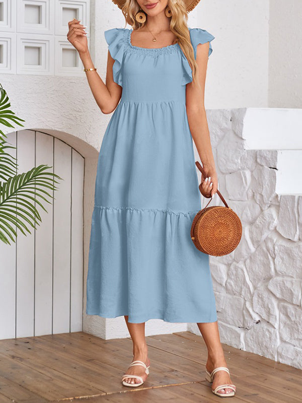 Elasticity Pleated Ruffled Solid Color Split-Joint A-Line Loose Off-The-Shoulder Midi Dresses