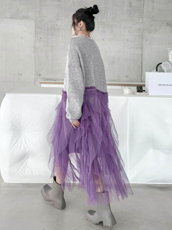 Buttoned Contrast Color Mesh Pleated Ribs Split-Joint High-Low Irregularity Collarless Outerwear Cardigan Tops