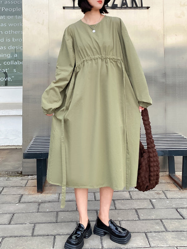 Elasticity Pleated Solid Color A-line Long Sleeves Round-neck Midi Dresses