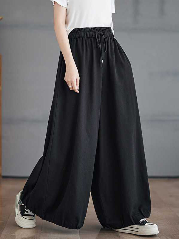 Drawstring Elasticity Pleated Pockets High Waisted Loose Pants Knickerbockers Culotte