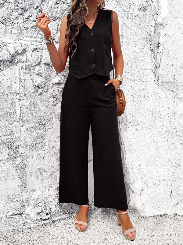 Buttoned Solid Color Loose Sleeveless V-Neck Vest Top + Pockets Elasticity Two Pieces Set