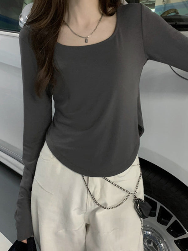 Solid Color Long Sleeves Skinny Square-Neck T-Shirts Tops