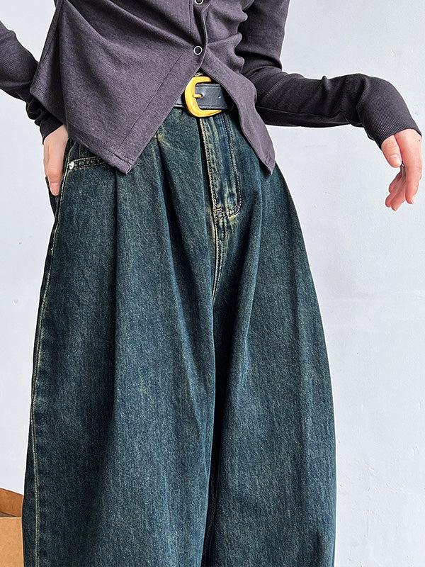 Belted Pleated Pockets High Waisted Wide Leg Jean Pants Bottoms