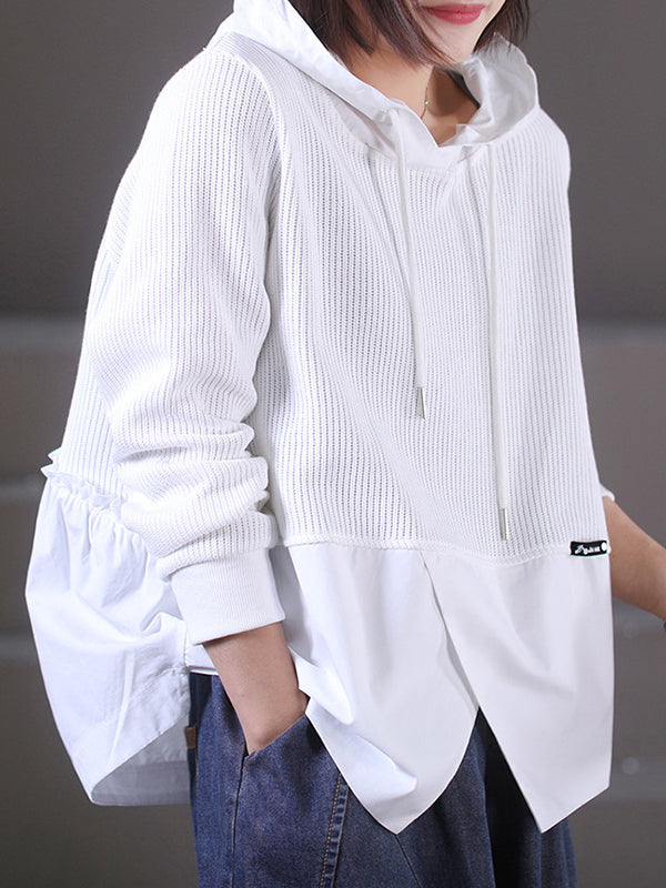 Drawstring Split-front Split-Joint Hooded Long Sleeves Hoodies Tops