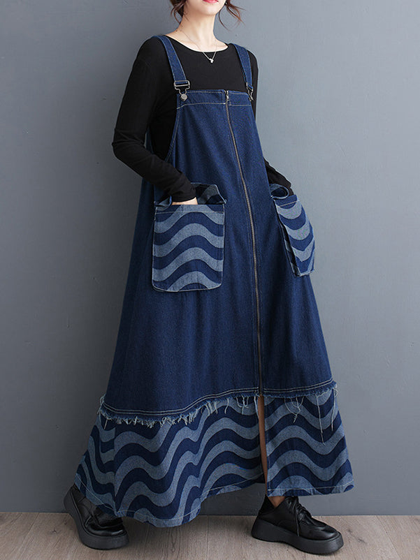 Split-Joint Striped Zipper A-Line Loose Adjustable Straps Midi Dresses