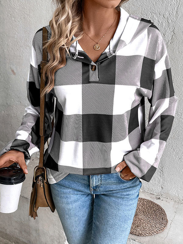 Buttoned Elasticity Plaid Split-Joint Long Sleeves Loose Hoodies Tops