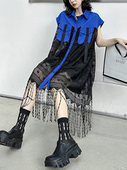 Sleeveless See-Through Split-Joint Tasseled Lapel Lace Midi Dresses