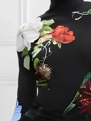 Floral Printed Split-Joint Long Sleeves Skinny High Neck T-Shirts