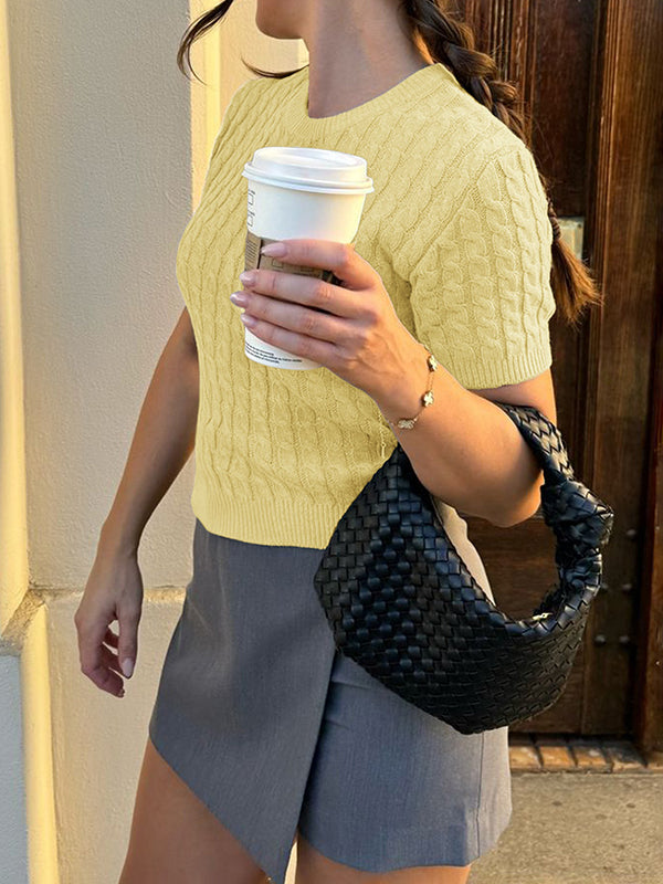 Solid Color Split-Joint Short Sleeves Round-neck Sweater Tops Pullovers