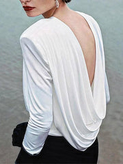 Backless Shoulder Pad Solid Color Long Sleeves Round-Neck Blouses&Shirts Tops