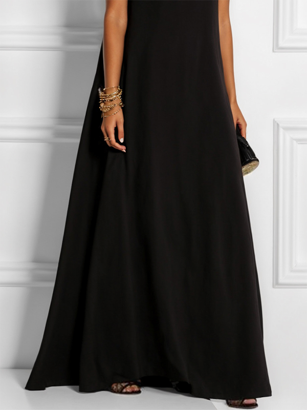 Hollow Solid Color Split-Joint Loose Sleeveless Round-Neck Maxi Dresses