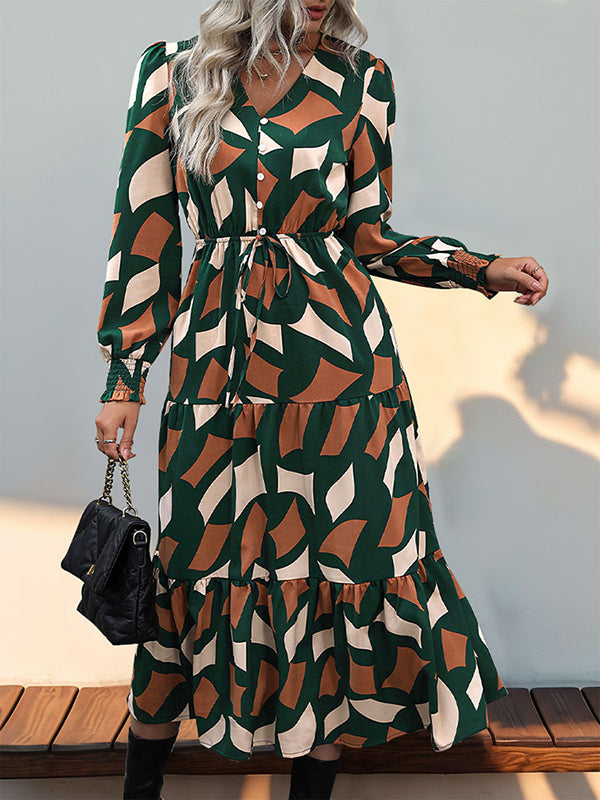 Buttoned Elasticity Pleated Printed Split-Joint Tied Waist A-Line Long Sleeves V-Neck Midi Dresses