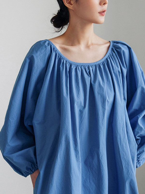 Original Casual Loose Solid Color Pleated Puff Sleeves Midi Dress