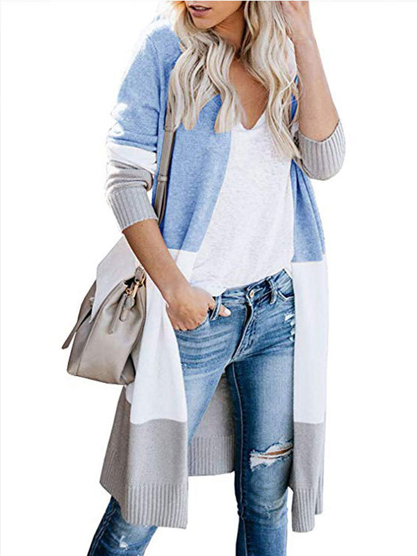 Contrast Color Long Sleeves Loose V-Neck Cardigan Tops