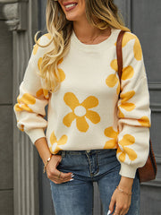 Knitted Flower Long Sleeves Loose Round-Neck Sweater Tops Pullovers Knitwear
