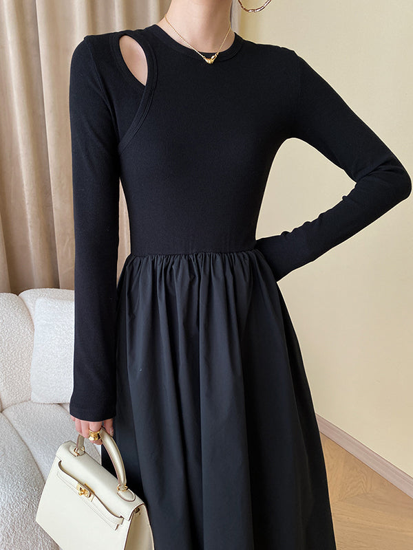 Elasticity Hollow Solid Color Split-Joint A-Line Long Sleeves Round-Neck Midi Dresses
