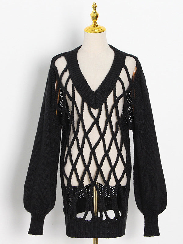Original Long Sleeves Loose Hollow Solid Color V-Neck Sweater Tops