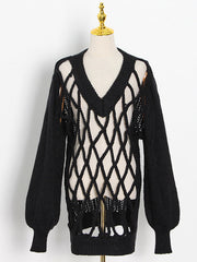Original Long Sleeves Loose Hollow Solid Color V-Neck Sweater Tops