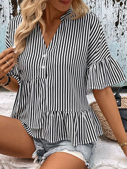 Asymmetric Falbala Pleated Split-Joint Striped Tiered Loose Raglan Sleeve V-Neck Blouses&Shirts Tops