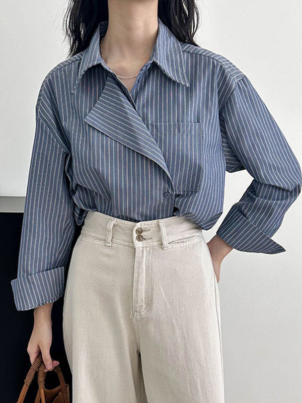 Asymmetric Split-Joint Striped Long Sleeves Loose Lapel Blouses