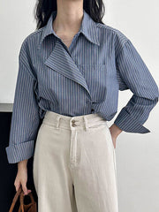 Asymmetric Split-Joint Striped Long Sleeves Loose Lapel Blouses