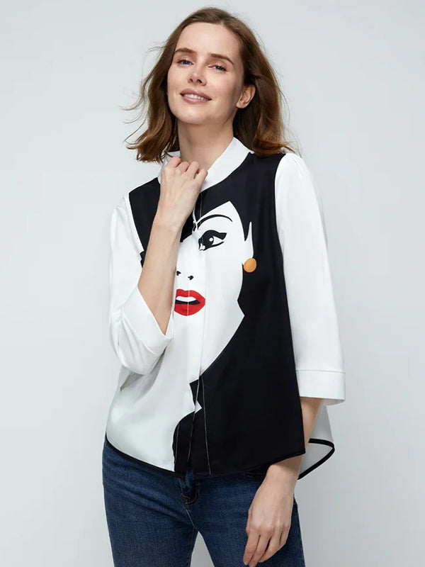 Casual Three-Quarter Sleeves Figure Buttoned Printed Stand Collar Blouses&Shirts Tops