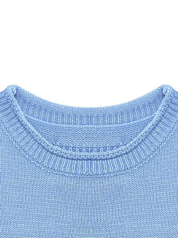 Solid Color Split-Joint Long Sleeves Loose Round-neck Sweater Tops