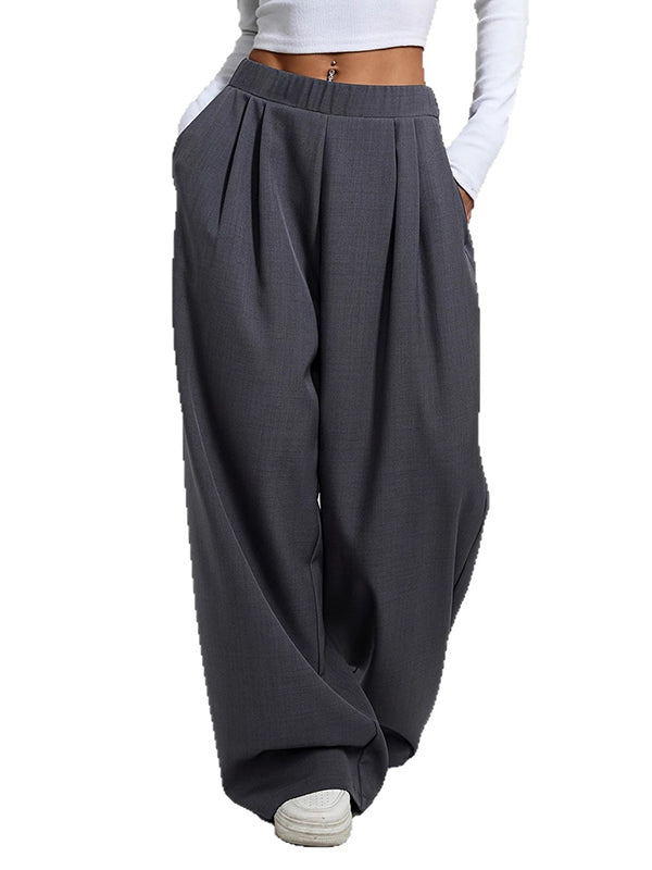 Pleated Pockets Solid Color High Waisted Loose Trousers Pants