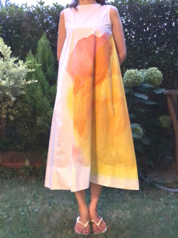 Flower Print Pockets A-line Loose Round-neck Midi Dresses