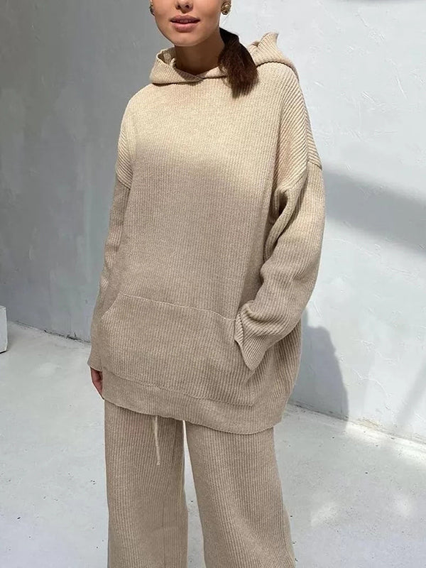 Solid Color Loose Round-Neck Hooded Long Sleeves Sweater Top + Drawstring Pants Bottom Two Pieces Set