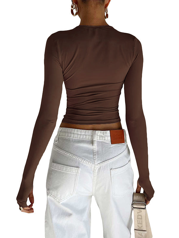 Hollow Solid Color Long Sleeves Skinny Round-Neck T-Shirts Tops